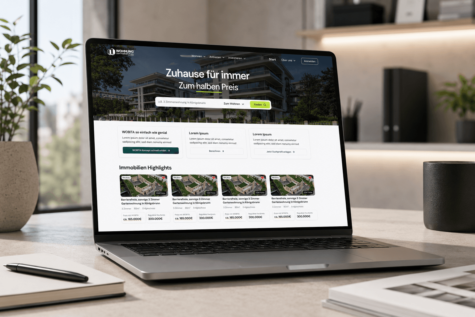 Immobilienplattform auf einem Laptop